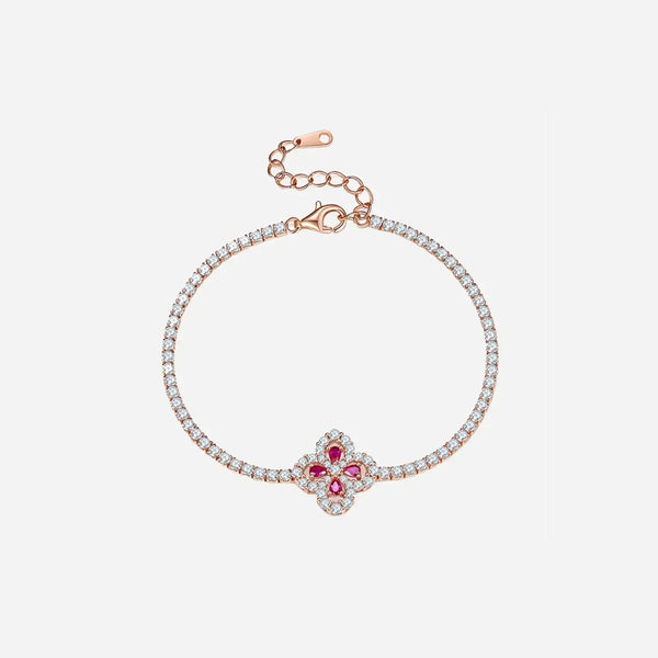 LOVCIA Lab-Grown Ruby 925 Sterling Silver Flower Shape Bracelet-Bracelets-LOVCIA