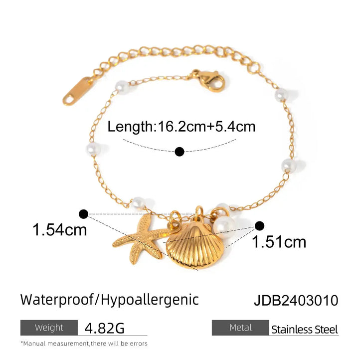 LOVCIA 18K Gold Plated Pearl Shell Starfish Bracelet - Stainless Steel Chain, Summer Beach Jewelry for Women-Bracelets-LOVCIA