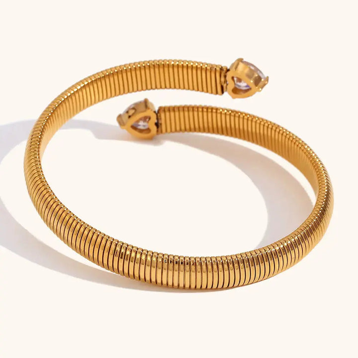 LOVCIA 18K Gold Plated Coiled Open Cuff Bracelet for Women with Heart Shaped Zircon Crystals-Bracelets-LOVCIA