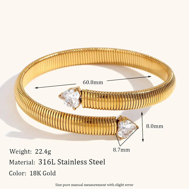 LOVCIA 18K Gold Plated Coiled Open Cuff Bracelet for Women with Heart Shaped Zircon Crystals-Bracelets-LOVCIA