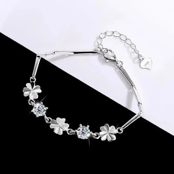 LOVCIA Sterling Silver Four-leaf Clover Bracelet for Women with Shining Zircon and Moissanite Crystal Options-Bracelets-LOVCIA