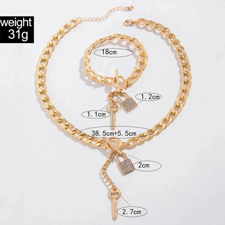 LOVCIA Gold Plated Key and Lock Charm Necklace and Bracelet Jewelry Set for Women-Bracelets-LOVCIA