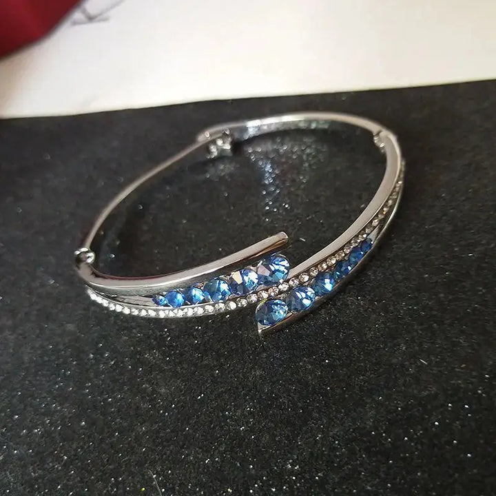 LOVCIA Sterling Silver Blue Crystal Cuff Bracelet for Women – Elegant Hinged Bangle with Sparkling Crystals-Bracelets-LOVCIA