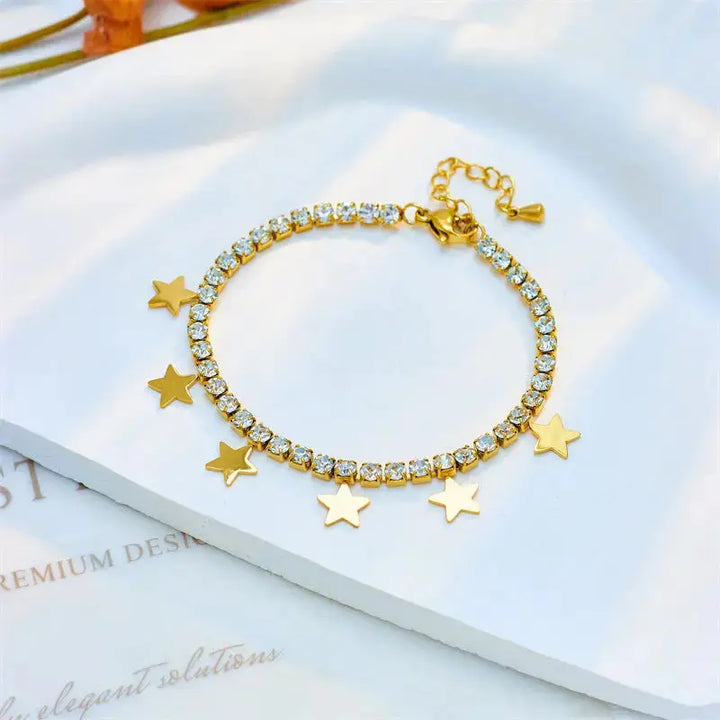 LOVCIA Gold-Plated Star Charm Tennis Bracelet with Sparkling Zirconia for Women-Bracelets-LOVCIA