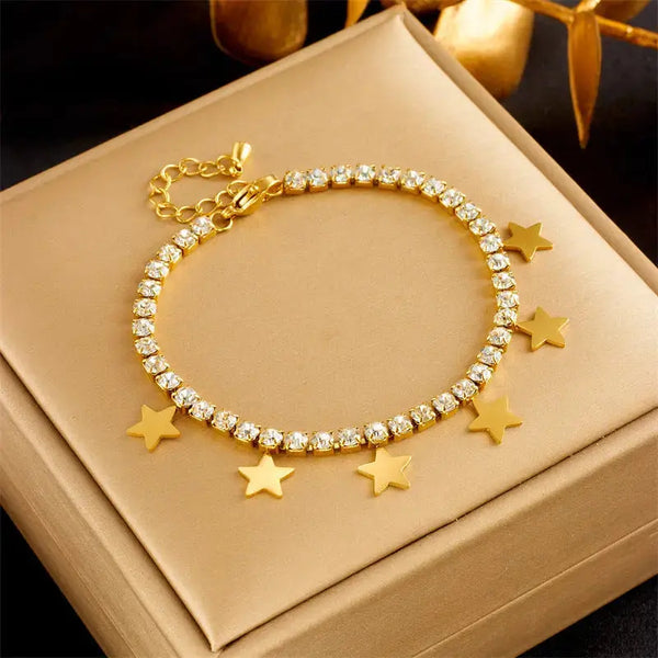 LOVCIA Gold-Plated Star Charm Tennis Bracelet with Sparkling Zirconia for Women-Bracelets-LOVCIA