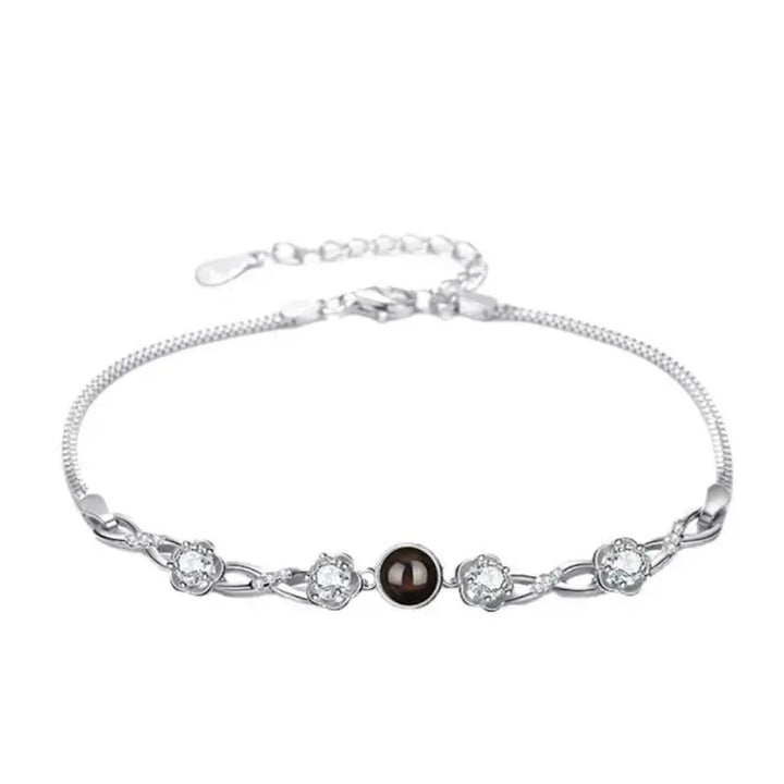 LOVCIA Women's Sterling Silver Flower Charm Bracelet with Black Pearl & Zirconia Accents-Bracelets-LOVCIA