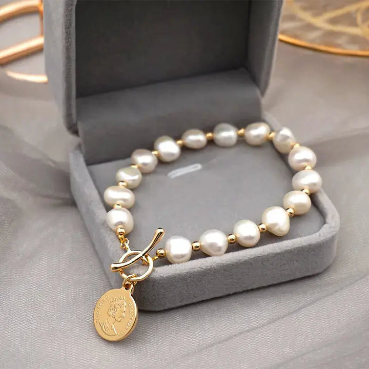 LOVCIA 14K Gold Plated Freshwater Pearl Beaded Coin Bracelet for Women - Elegant Fashion Bracelet Jewelry-Bracelets-LOVCIA