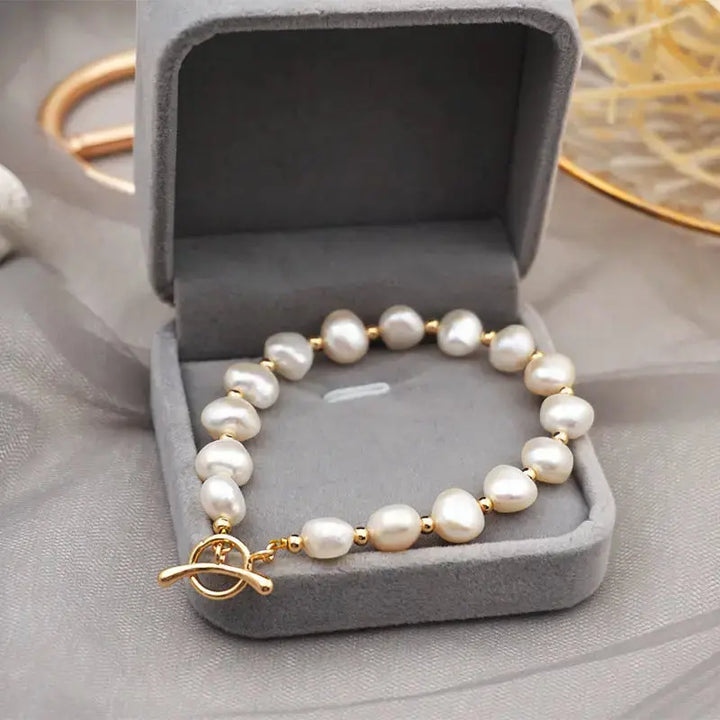 LOVCIA 14K Gold Plated Freshwater Pearl Beaded Coin Bracelet for Women - Elegant Fashion Bracelet Jewelry-Bracelets-LOVCIA