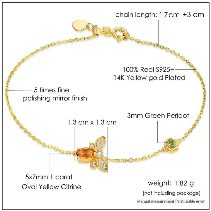 LOVCIA 14K Yellow Gold Plated Popular Bee Bracelet with Oval Citrine and Green Peridot, Adjustable Chain-Bracelets-LOVCIA