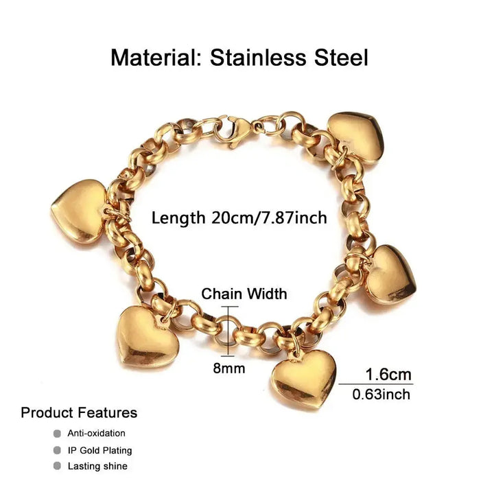 LOVCIA Gold-Plated Stainless Steel Heart Charm Durable Bracelet for Women-Bracelets-LOVCIA