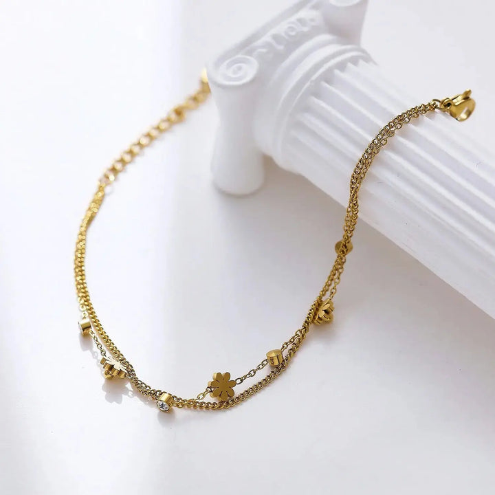 LOVCIA Gold-Plated Double Chain Flower Charm Bracelet for Women with Crystal Stones-Bracelets-LOVCIA