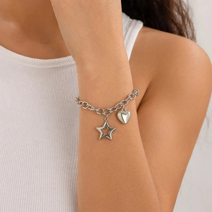 LOVCIA Women's Charm Bracelet with Heart and Star Pendants - Adjustable Bracelet for Women-Bracelets-LOVCIA