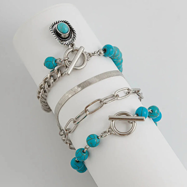 LOVCIA Women's 4-Piece Vintage Style Turquoise Beaded Silver Chain Bracelet Set - Adjustable Fashion Jewelry-Bracelets-LOVCIA