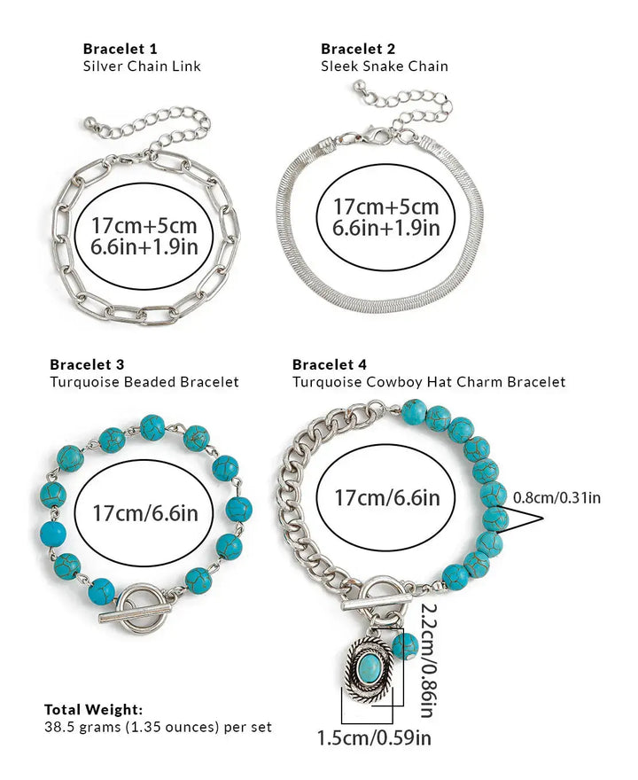 LOVCIA Women's 4-Piece Vintage Style Turquoise Beaded Silver Chain Bracelet Set - Adjustable Fashion Jewelry-Bracelets-LOVCIA