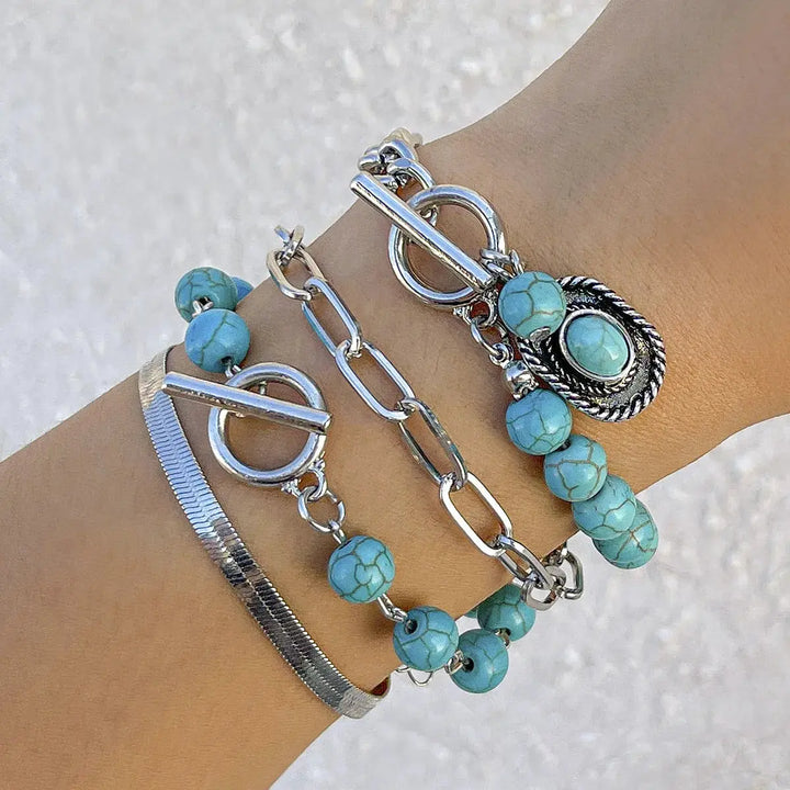 LOVCIA Women's 4-Piece Vintage Style Turquoise Beaded Silver Chain Bracelet Set - Adjustable Fashion Jewelry-Bracelets-LOVCIA