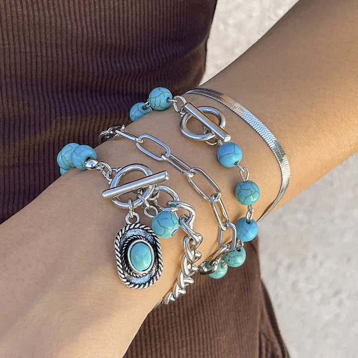 LOVCIA Women's 4-Piece Vintage Style Turquoise Beaded Silver Chain Bracelet Set - Adjustable Fashion Jewelry-Bracelets-LOVCIA