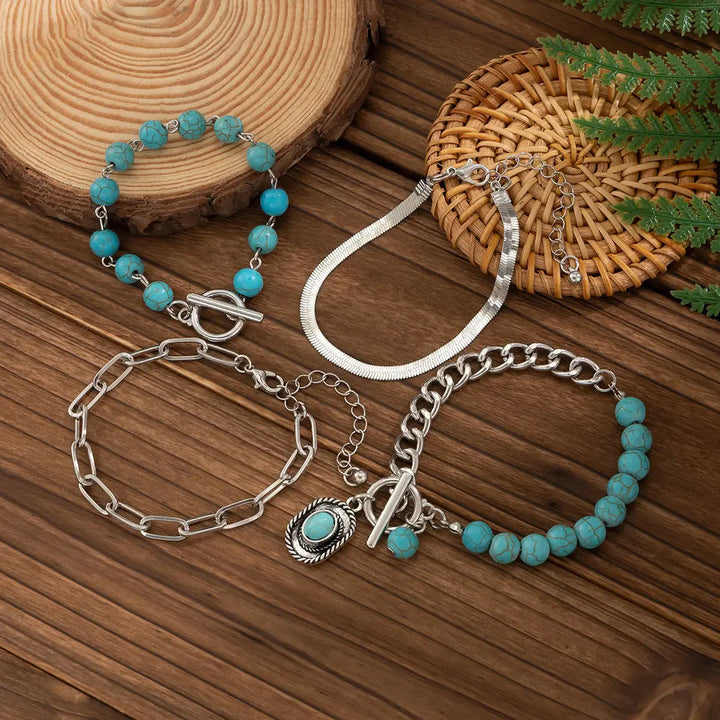 LOVCIA Women's 4-Piece Vintage Style Turquoise Beaded Silver Chain Bracelet Set - Adjustable Fashion Jewelry-Bracelets-LOVCIA