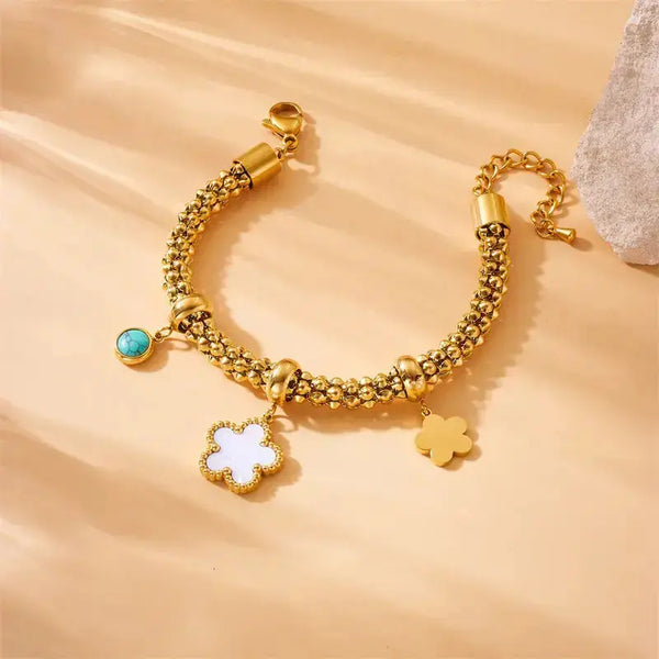 LOVCIA Floral Charm Turquoise Gold Plated Stainless Steel Bracelet for Women-Bracelets-LOVCIA