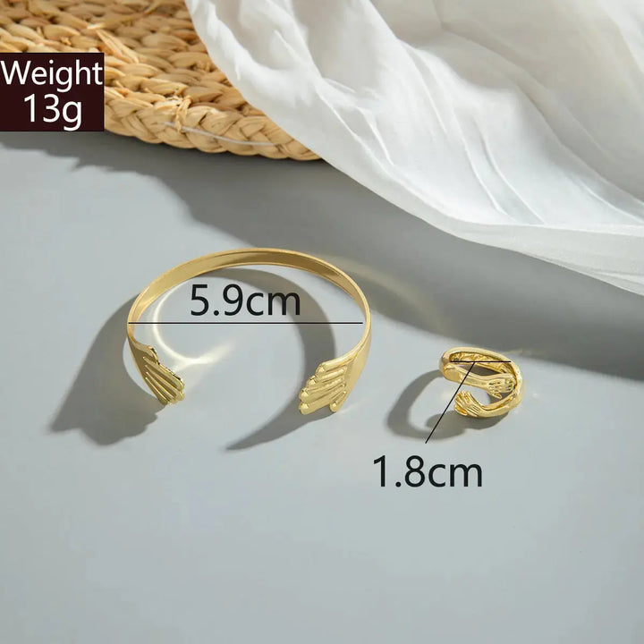 LOVCIA Gold Plated Embrace Love Open Cuff Bangle Bracelet and Adjustable Ring Set for Women-Bracelets-LOVCIA