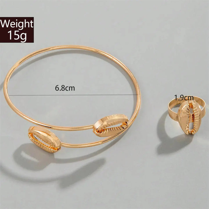 LOVCIA Gold Plated Shell Design Open Cuff Bangle Bracelet and Adjustable Ring Set for Women-Bracelets-LOVCIA