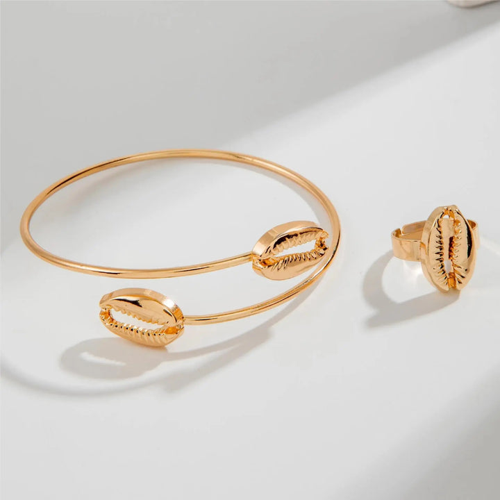 LOVCIA Gold Plated Shell Design Open Cuff Bangle Bracelet and Adjustable Ring Set for Women-Bracelets-LOVCIA