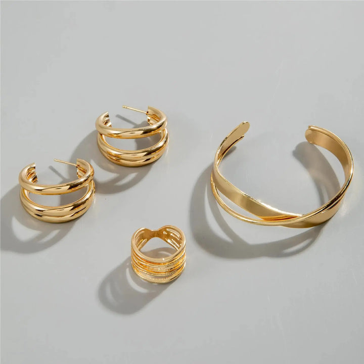 LOVCIA Radiant Harmony Gold Plated Jewelry Set - Cuff Bracelet, Hoop Earrings, and Stackable Ring for Women-Bracelets-LOVCIA