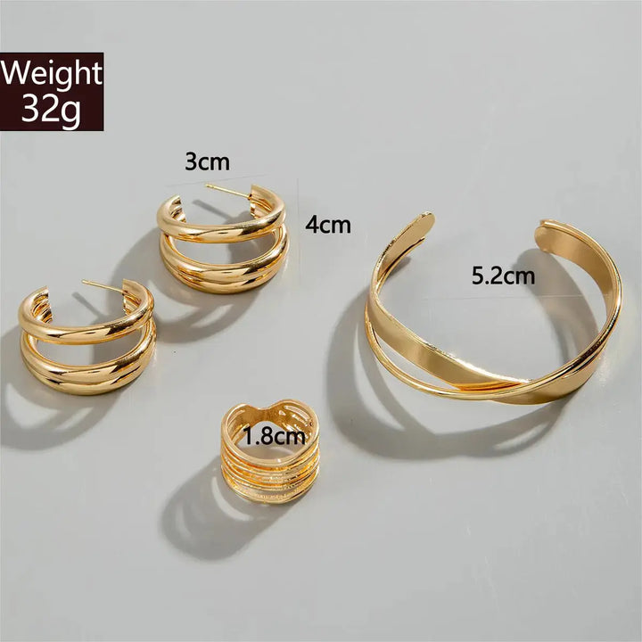 LOVCIA Radiant Harmony Gold Plated Jewelry Set - Cuff Bracelet, Hoop Earrings, and Stackable Ring for Women-Bracelets-LOVCIA