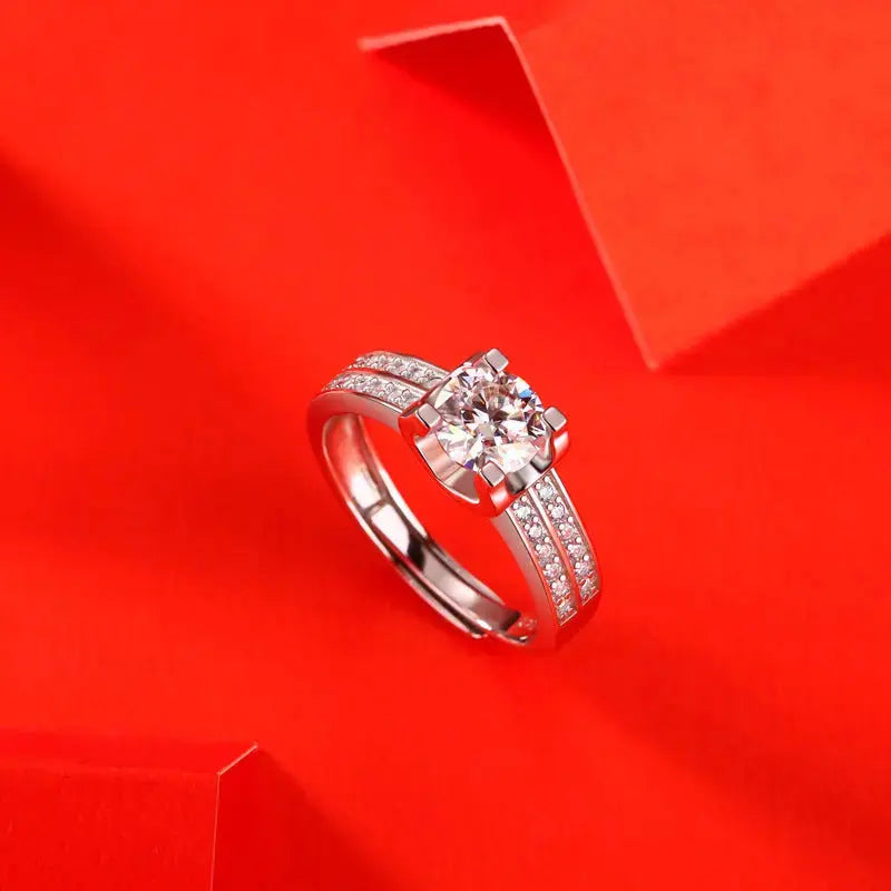 Lovcia Lady 1ct Four Claw Moissanite CZ Lines 925 Sterling Silver Adjustable Ring-Rings-1 Carat (Ring Only)-1 Carat (Ring Only)