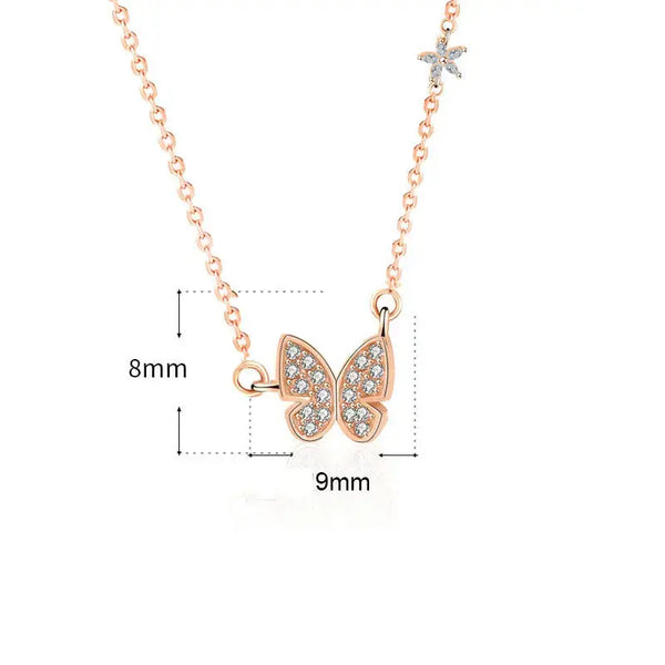 Lovcia Lady CZ Butterfly Flower 925 Sterling Silver Necklace-Necklaces-Rose Gold-Rose Gold
