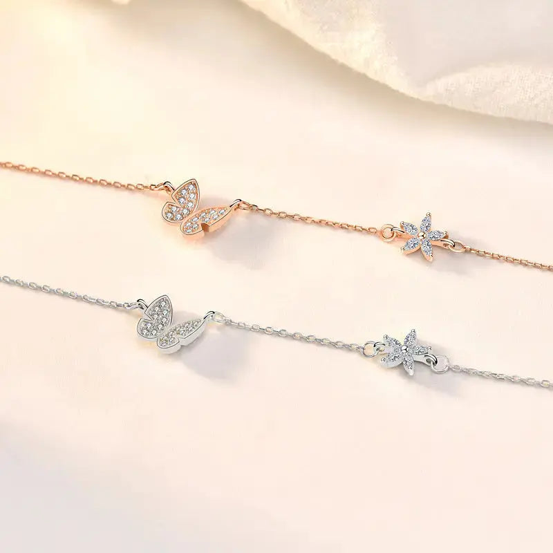 Lovcia Lady CZ Butterfly Flower 925 Sterling Silver Necklace-Necklaces-Rose Gold-Rose Gold