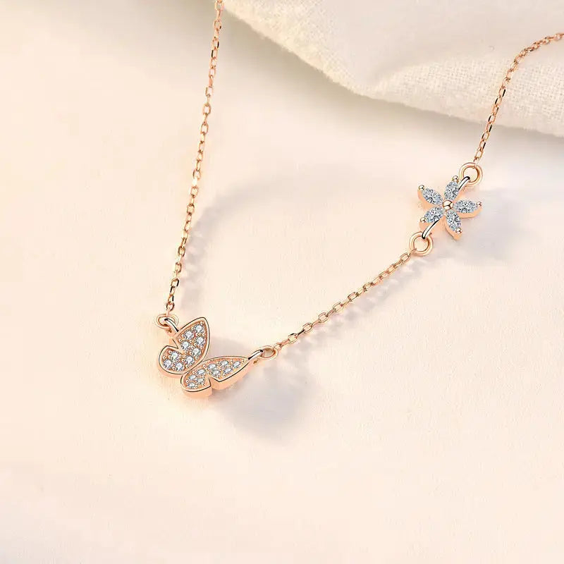 Lovcia Lady CZ Butterfly Flower 925 Sterling Silver Necklace-Necklaces-Rose Gold-Rose Gold