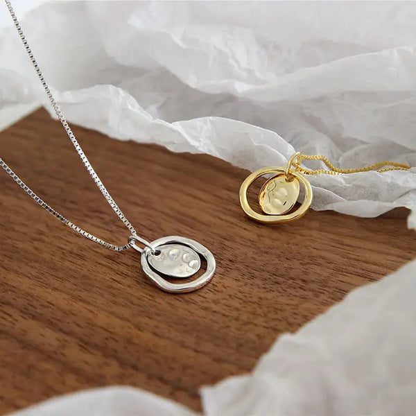 Lovcia Lady Double Circle Round Tag Irregular 925 Sterling Silver Necklace-Necklaces-Rhodium-Rhodium