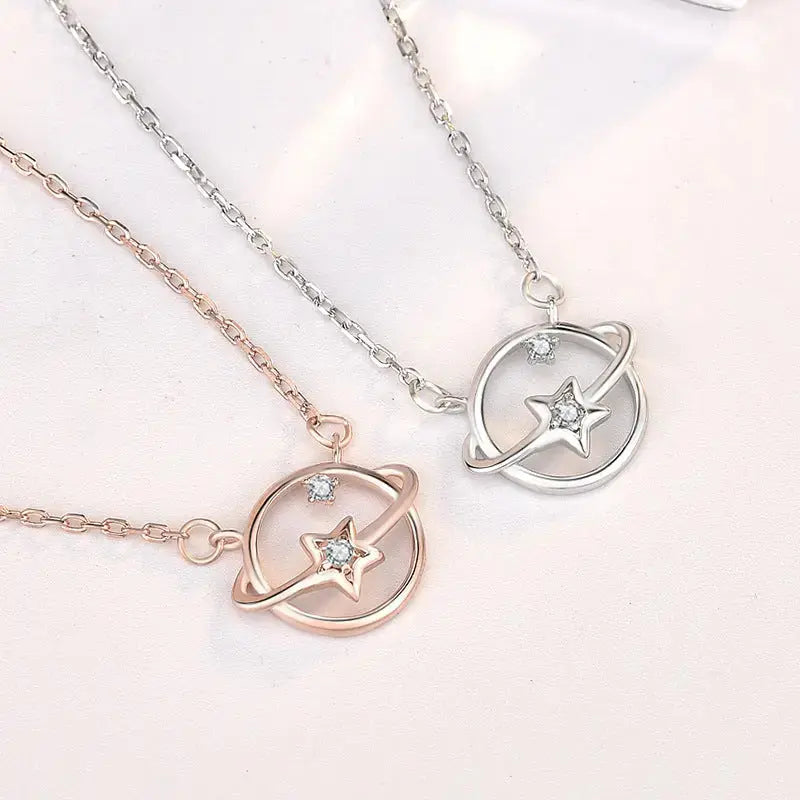 LOVCIA Lady Hollow CZ Star Planet 925 Sterling Silver Necklace