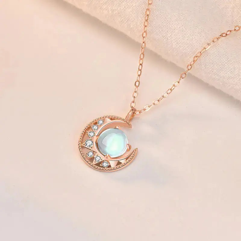 Lovcia Lady Natural Moonstone Crescent Moon CZ 925 Sterling Silver Necklace-Necklaces-Champagne Gold-Champagne Gold