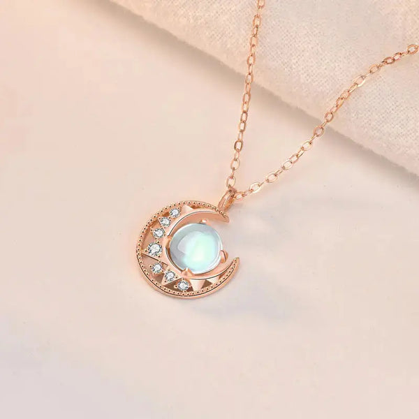 LOVCIA Lady Natural Moonstone Crescent Moon CZ 925 Sterling Silver Necklace