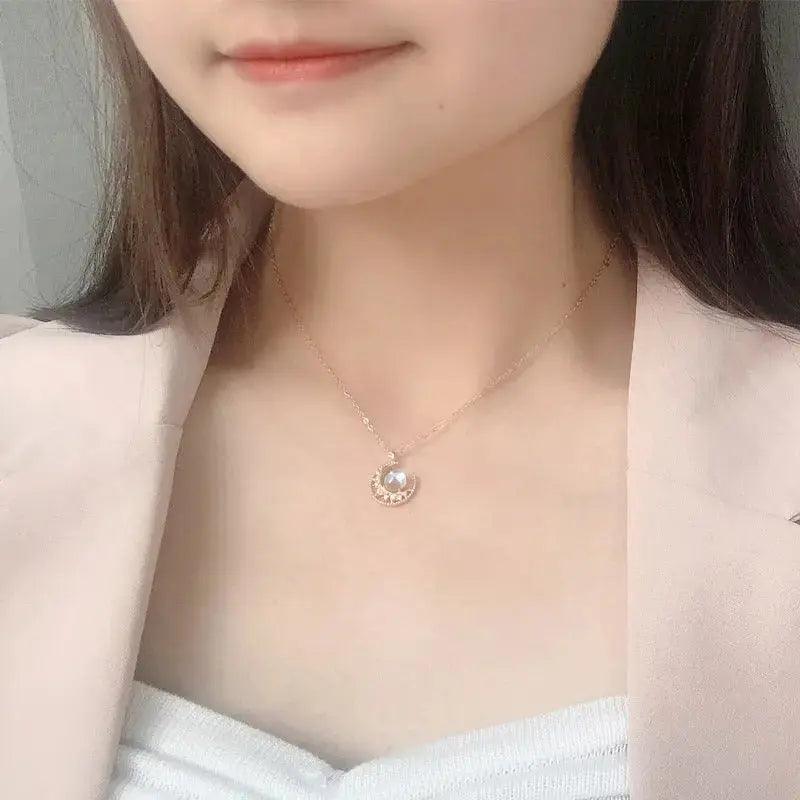 Lovcia Lady Natural Moonstone Crescent Moon CZ 925 Sterling Silver Necklace-Necklaces-Champagne Gold-Champagne Gold