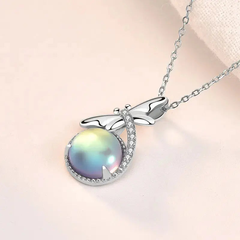 LOVCIA Lady Natural Moonstone Dragonfly 925 Sterling Silver Necklace