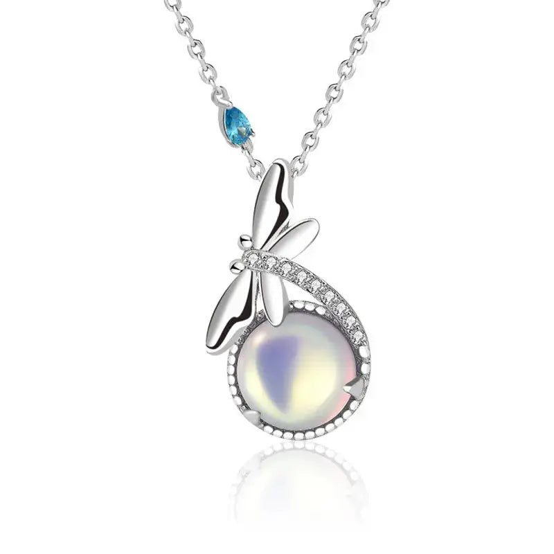 LOVCIA Lady Natural Moonstone Dragonfly 925 Sterling Silver Necklace