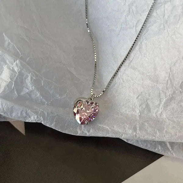 Lovcia Lady Pink CZ Heart Flowing Lava 925 Sterling Silver Necklace-Necklaces-Rhodium-Rhodium