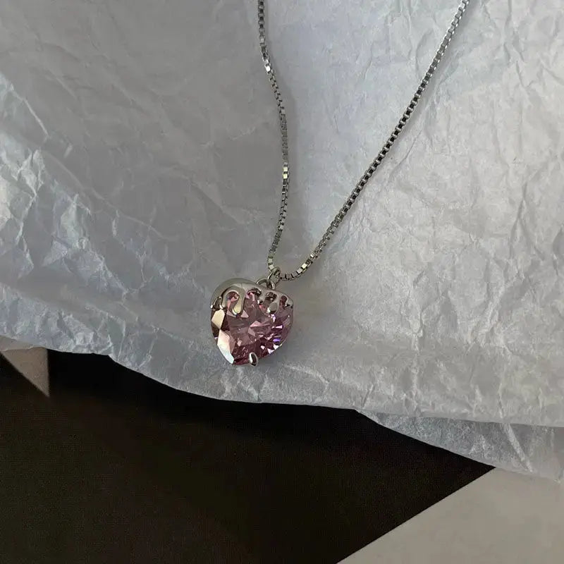 Lovcia Lady Pink CZ Heart Flowing Lava 925 Sterling Silver Necklace-Necklaces-Rhodium-Rhodium
