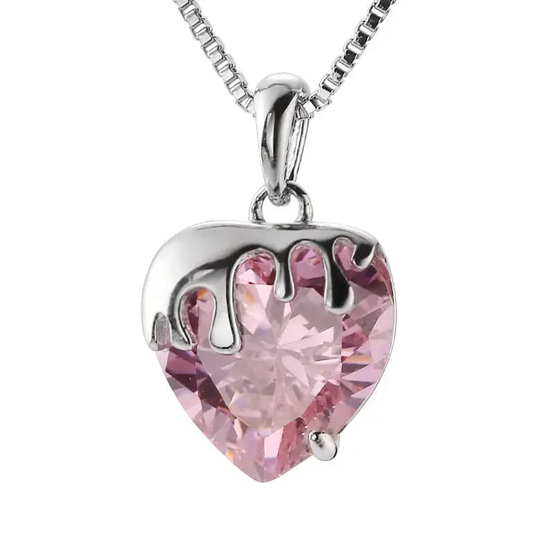 Lovcia Lady Pink CZ Heart Flowing Lava 925 Sterling Silver Necklace-Necklaces-Rhodium-Rhodium