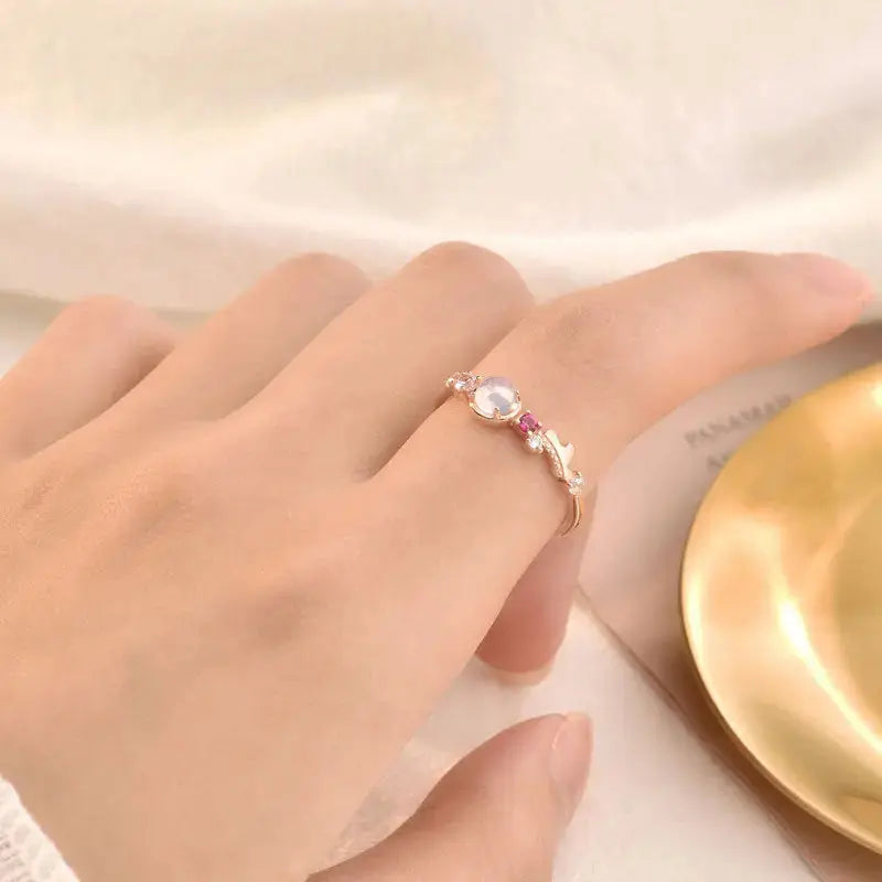 Lovcia Lady Round Created Opal CZ 925 Sterling Silver Adjustable Ring-Rings-Rose Gold-Rose Gold