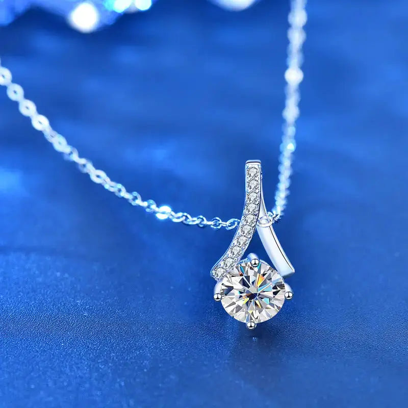 Lovcia Lady Round Moissanite CZ Waterdrop 925 Sterling Silver Necklace-Necklaces-1 Carat Moissanite CZ-1 Carat Moissanite CZ