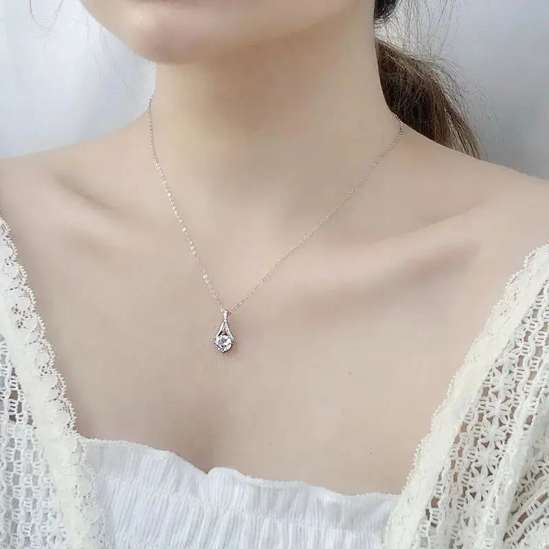 Lovcia Lady Round Moissanite CZ Waterdrop 925 Sterling Silver Necklace-Necklaces-1 Carat Moissanite CZ-1 Carat Moissanite CZ