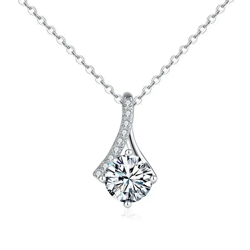 Lovcia Lady Round Moissanite CZ Waterdrop 925 Sterling Silver Necklace-Necklaces-1 Carat Moissanite CZ-1 Carat Moissanite CZ