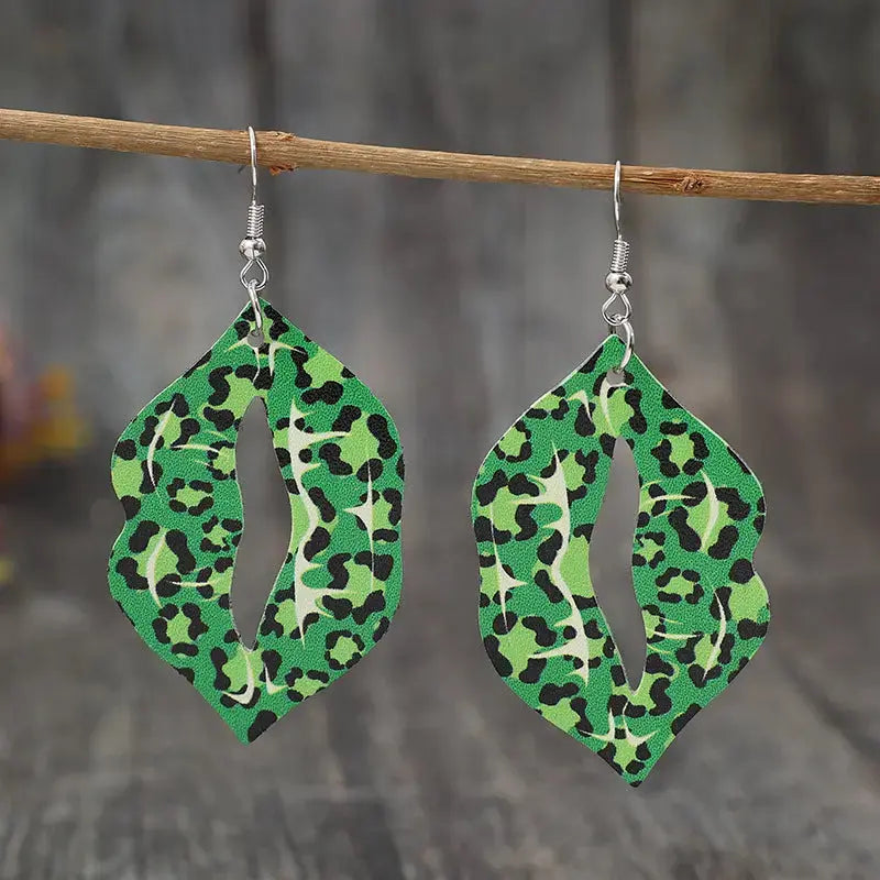 Lovcia Leopard Lip Shape Leather Earrings-Earrings-Mid Green-One Size-Mid Green