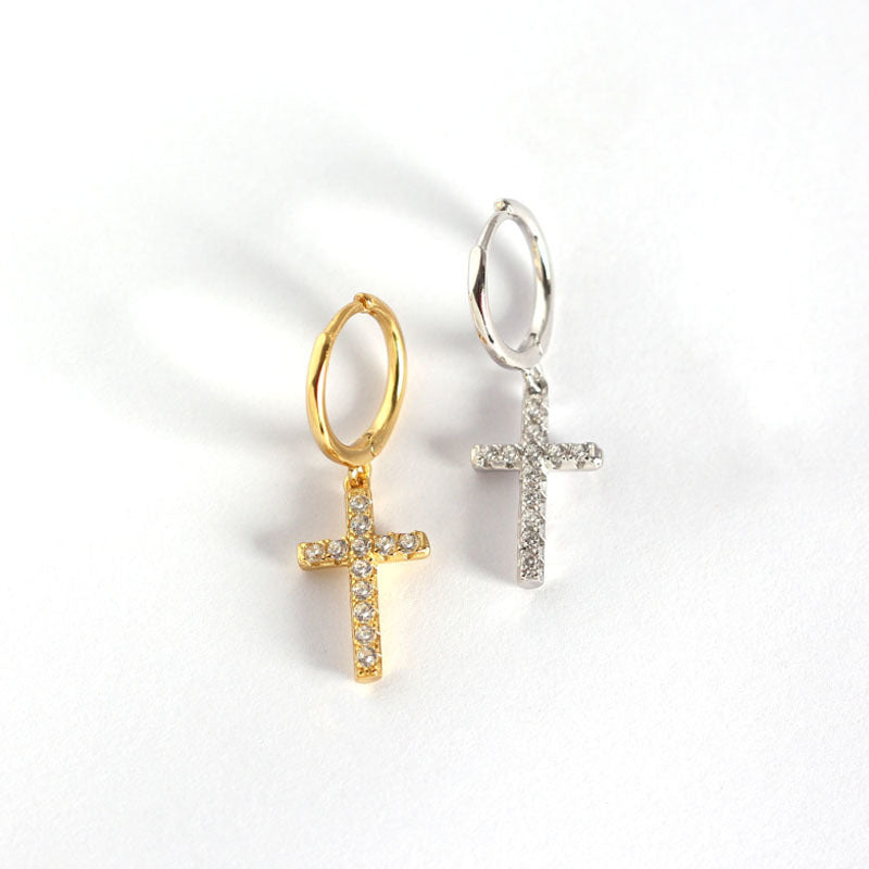 Lovcia Leverback CZ Cross Earrings 12mm 925 Gold Tone-Earrings-Yellow Gold-Yellow Gold