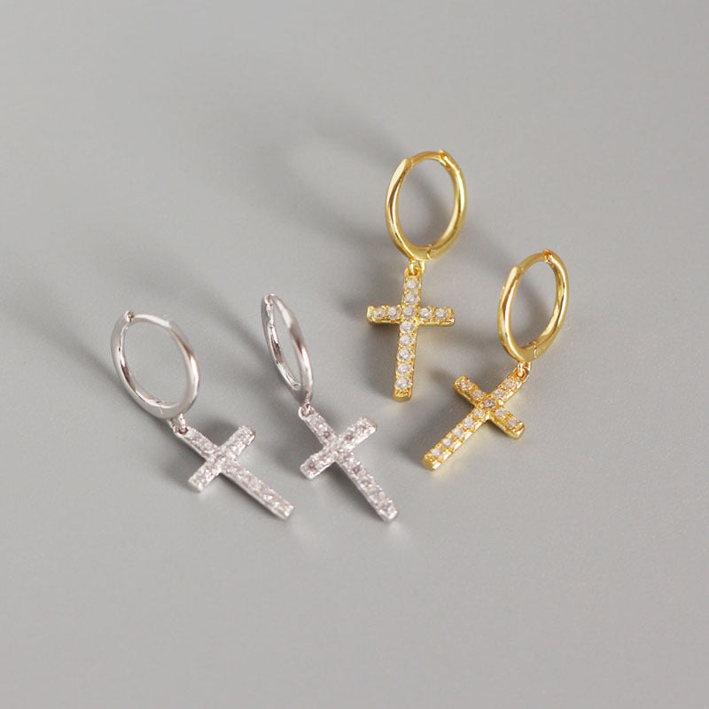 Lovcia Leverback CZ Cross Earrings 12mm 925 Gold Tone-Earrings-Yellow Gold-Yellow Gold