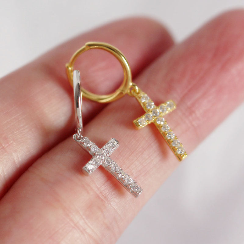 Lovcia Leverback CZ Cross Earrings 12mm 925 Gold Tone-Earrings-Yellow Gold-Yellow Gold