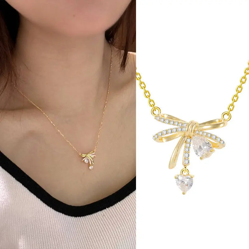 Lovcia Light Luxury Cute Bow 925 Sterling Silver Pendant Necklace for Women-Necklaces-Bow Necklace-Bow Necklace